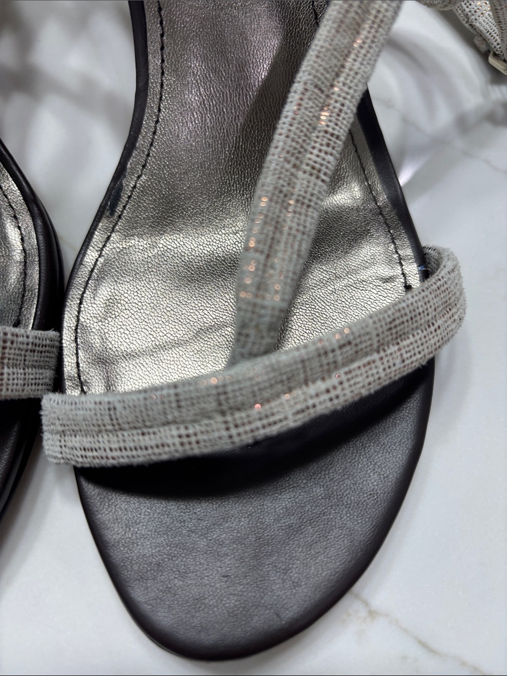 Donald J. Pliner Silver Textured Strappy Mid-Heel Sandals - Picture 4 of 13